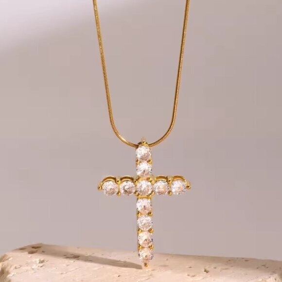 Gold Cross Necklace Waterproof CZ Diamond Pendant  Dainty Snake Chain WATERPROOF - Picture 12 of 14